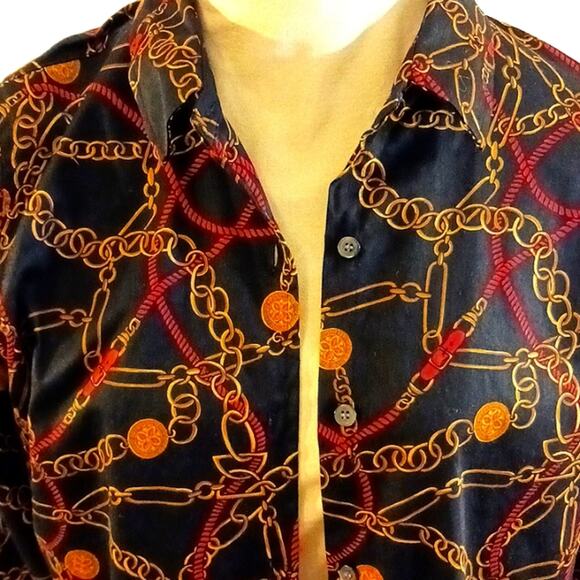 Charter Club Long Sleeve Shirt Sz 12 Abstract Gold Chains Equestrian Career Y2K - Picture 5 of 13